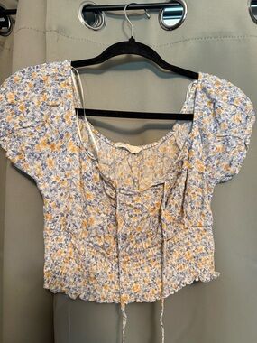 Pink Rose Blue & Yellow Floral Smocked Puff-Sleeve Crop Top